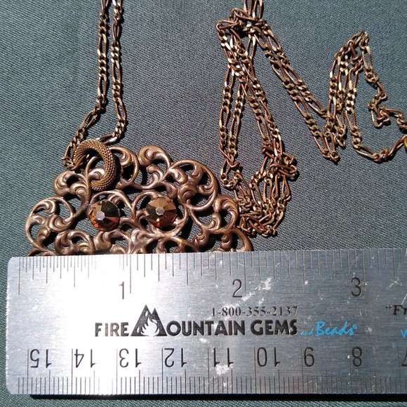 NWOT Pendant w/Natural Brass Filigree and Copper Flatback Austrian Crystals 36" - Picture 6 of 6